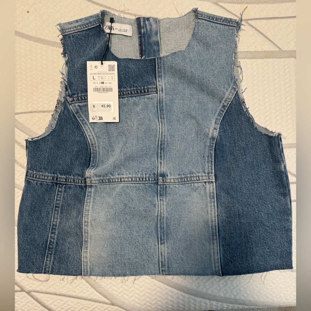 Zara Blue Denim Frayed Sleeveless Top